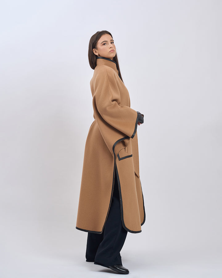 KIMONO LONG Virgin Wool Belted Cape Coat - Camel Black Leather Trim