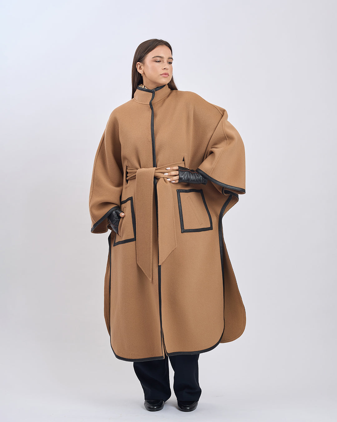 KIMONO LONG Virgin Wool Belted Cape Coat - Camel Black Leather Trim