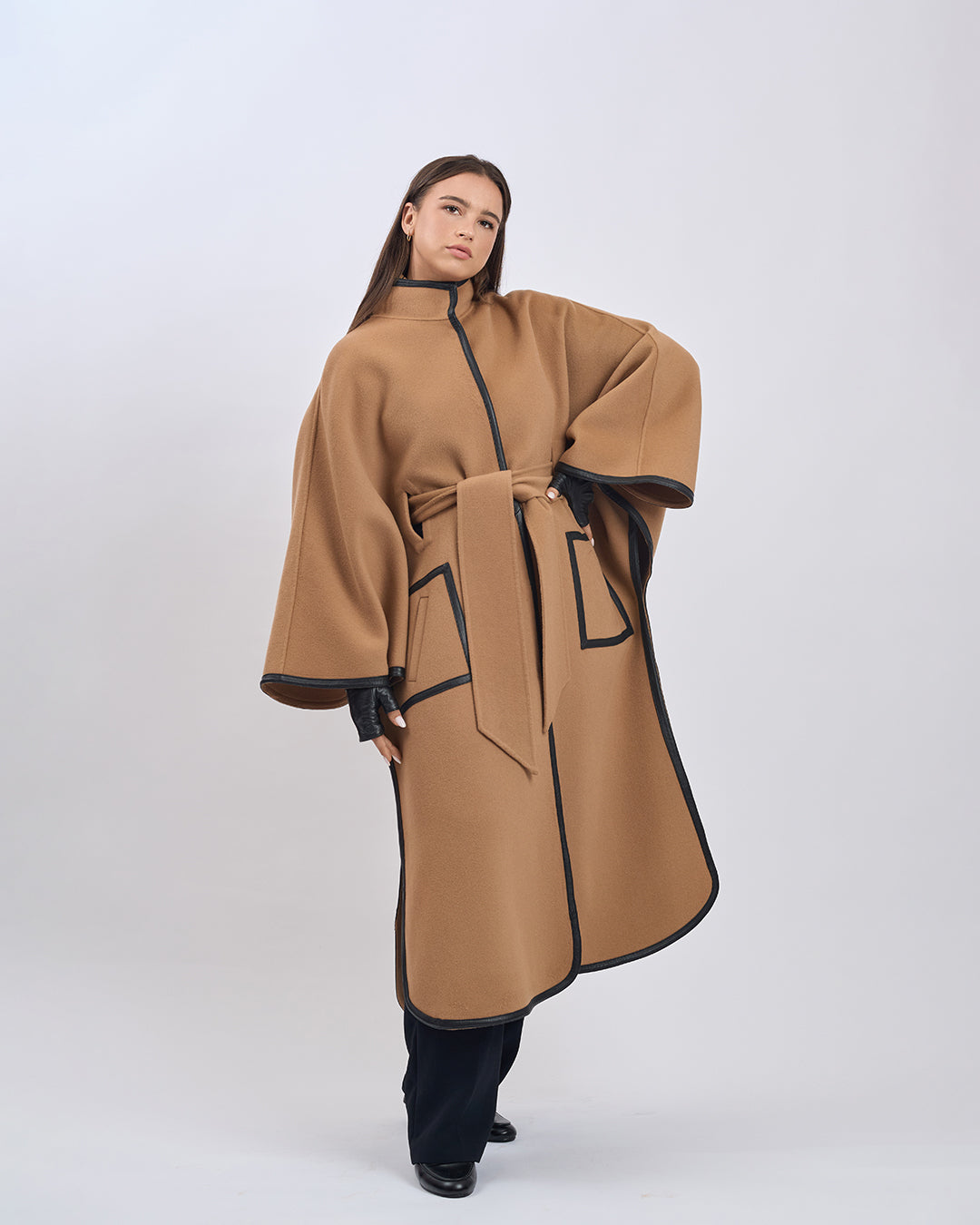 KIMONO LONG Virgin Wool Belted Cape Coat - Camel Black Leather Trim