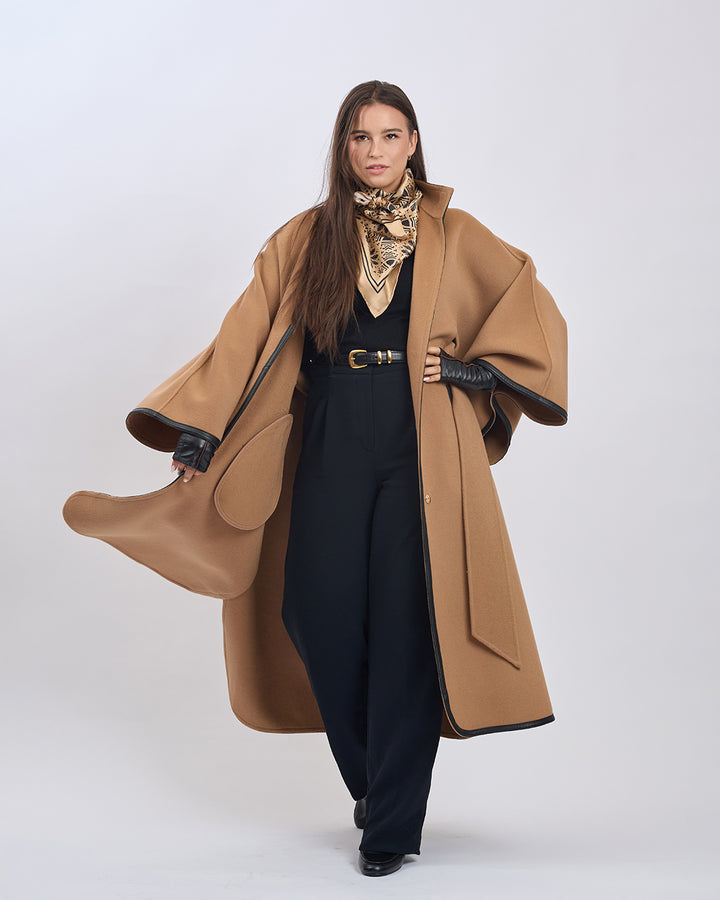 KIMONO LONG Virgin Wool Belted Cape Coat - Camel Black Leather Trim
