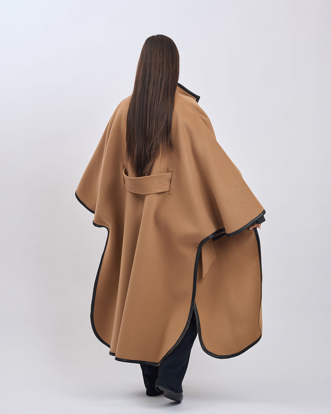 KIMONO LONG Virgin Wool Belted Cape Coat - Camel Black Leather Trim