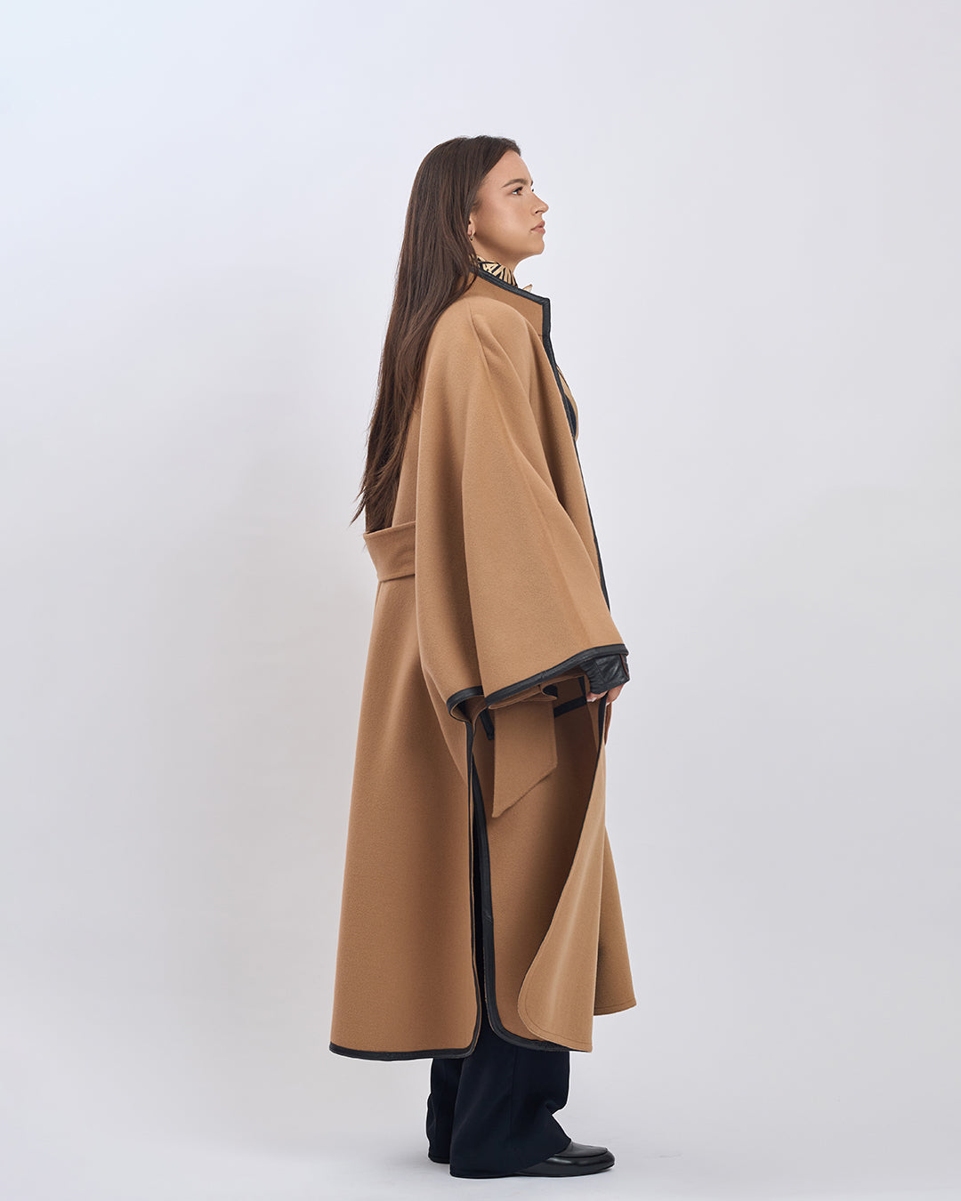 KIMONO LONG Virgin Wool Belted Cape Coat - Camel Black Leather Trim