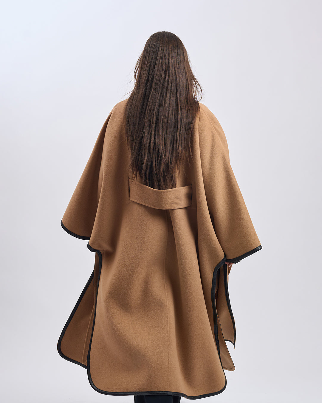 KIMONO LONG Virgin Wool Belted Cape Coat - Camel Black Leather Trim