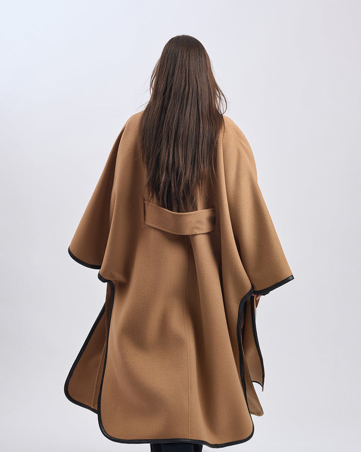 KIMONO LONG Virgin Wool Belted Cape Coat - Camel Black Leather Trim
