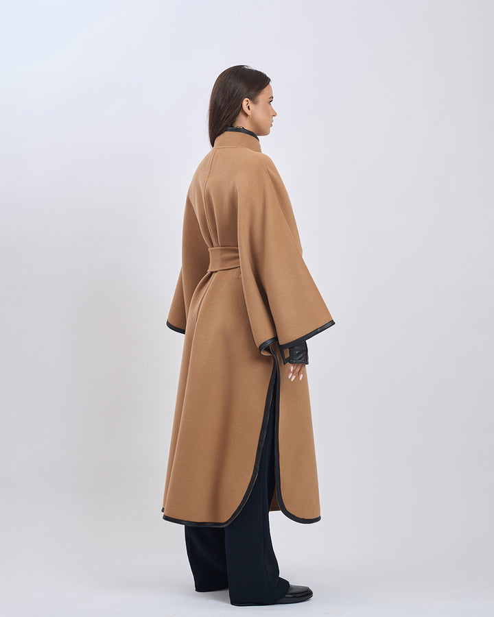 KIMONO LONG Virgin Wool Belted Cape Coat - Camel Black Leather Trim