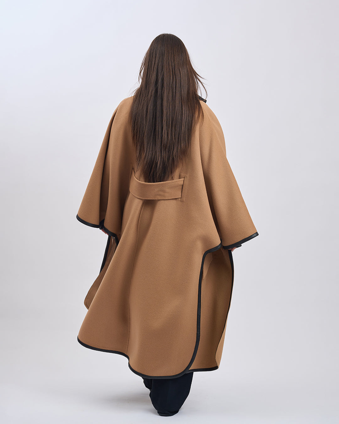 KIMONO LONG Virgin Wool Belted Cape Coat - Camel Black Leather Trim