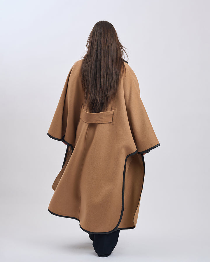 KIMONO LONG Virgin Wool Belted Cape Coat - Camel Black Leather Trim
