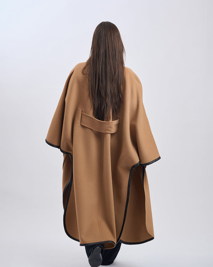 KIMONO LONG Virgin Wool Belted Cape Coat - Camel Black Leather Trim
