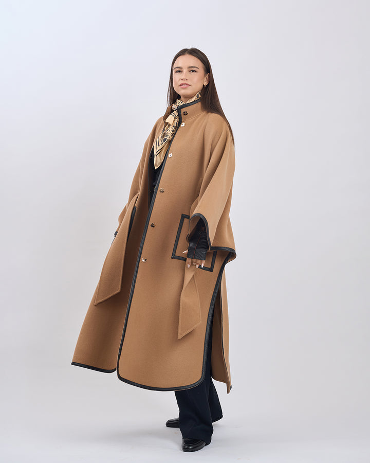 KIMONO LONG Virgin Wool Belted Cape Coat - Camel Black Leather Trim