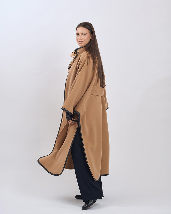 KIMONO LONG Virgin Wool Belted Cape Coat - Camel Black Leather Trim