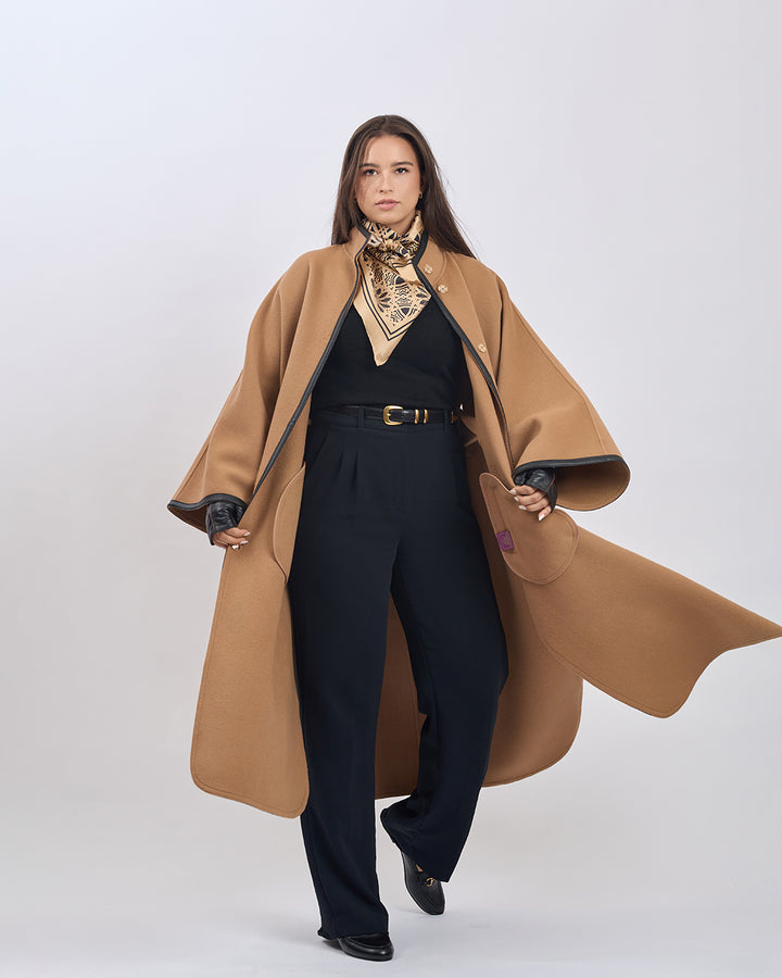 KIMONO LONG Virgin Wool Belted Cape Coat - Camel Black Leather Trim