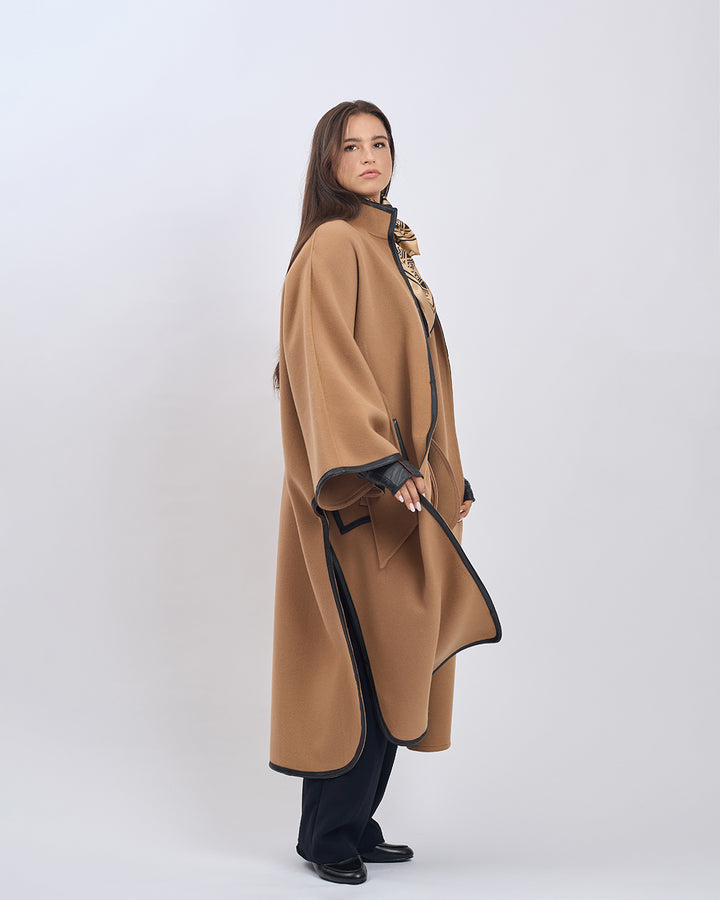 KIMONO LONG Virgin Wool Belted Cape Coat - Camel Black Leather Trim