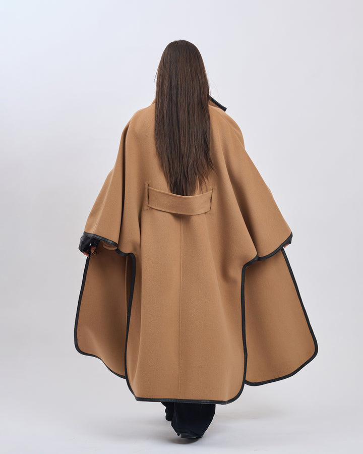 KIMONO LONG Virgin Wool Belted Cape Coat - Camel Black Leather Trim