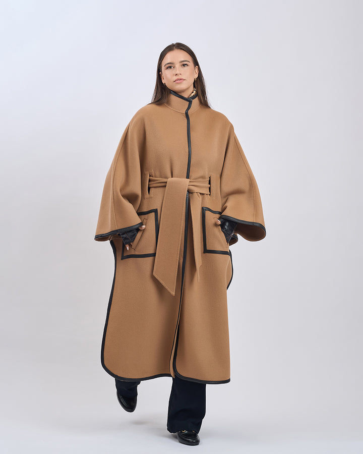 KIMONO LONG Virgin Wool Belted Cape Coat - Camel Black Leather Trim