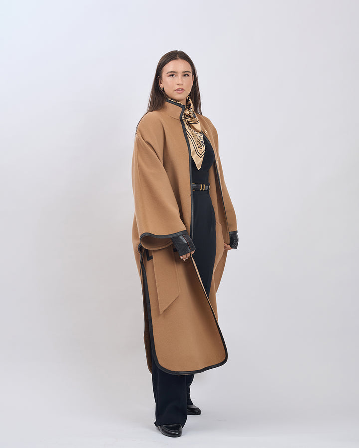 KIMONO LONG Virgin Wool Belted Cape Coat - Camel Black Leather Trim