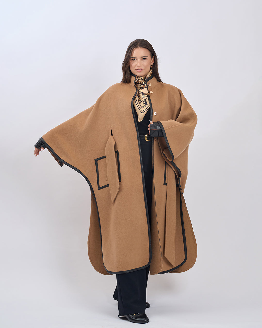 KIMONO LONG Virgin Wool Belted Cape Coat - Camel Black Leather Trim