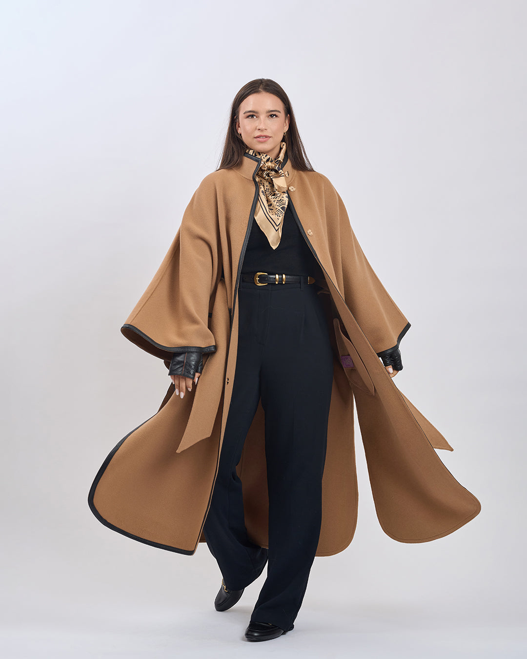 KIMONO LONG Virgin Wool Belted Cape Coat - Camel Black Leather Trim