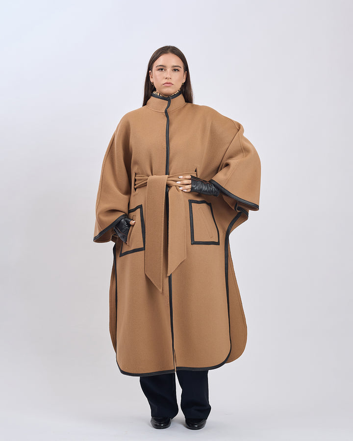 KIMONO LONG Virgin Wool Belted Cape Coat - Camel Black Leather Trim