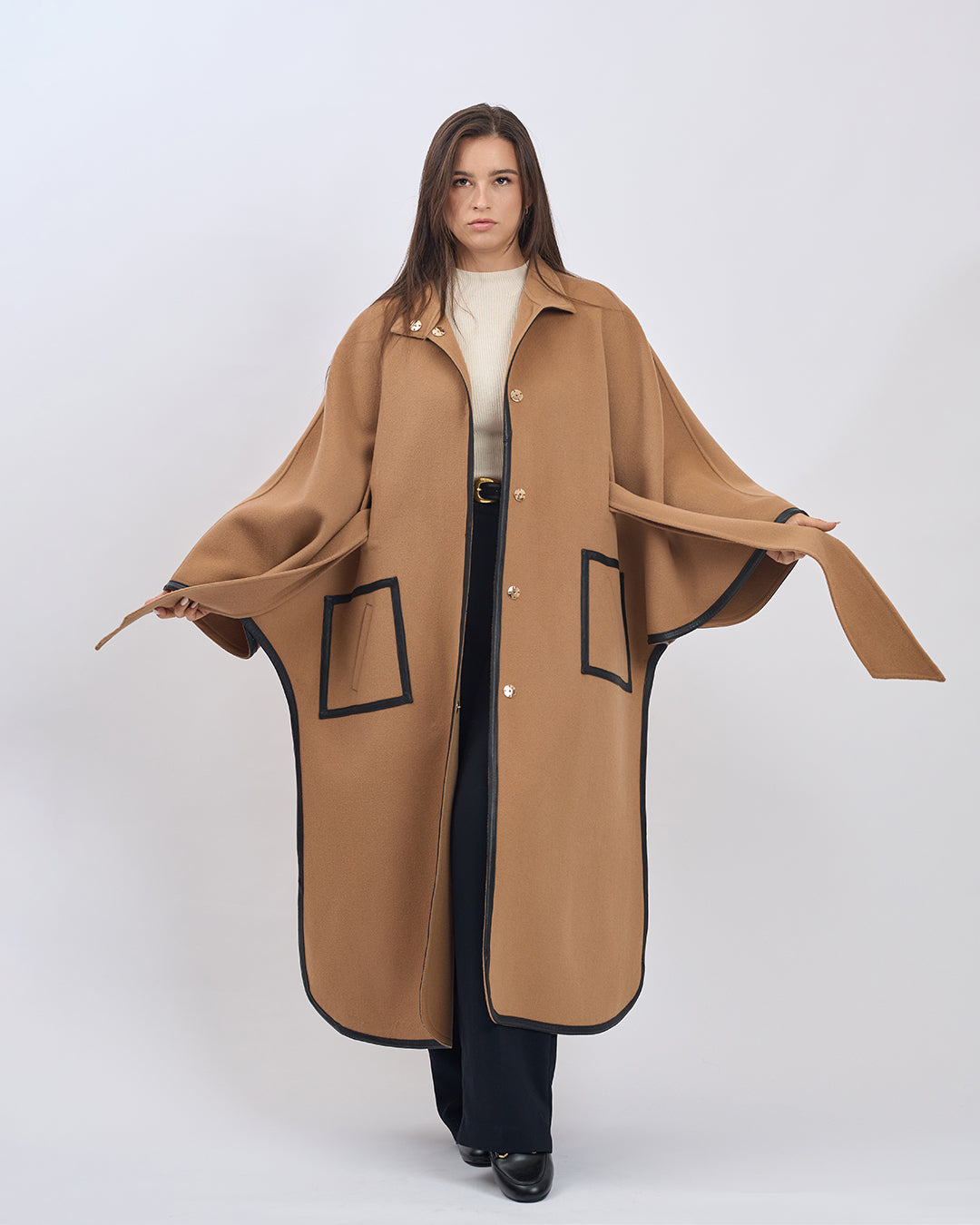 KIMONO LONG Virgin Wool Belted Cape Coat - Camel Black Leather Trim