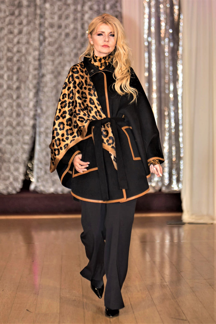 woman having Cheetah pure silk scarf black brown