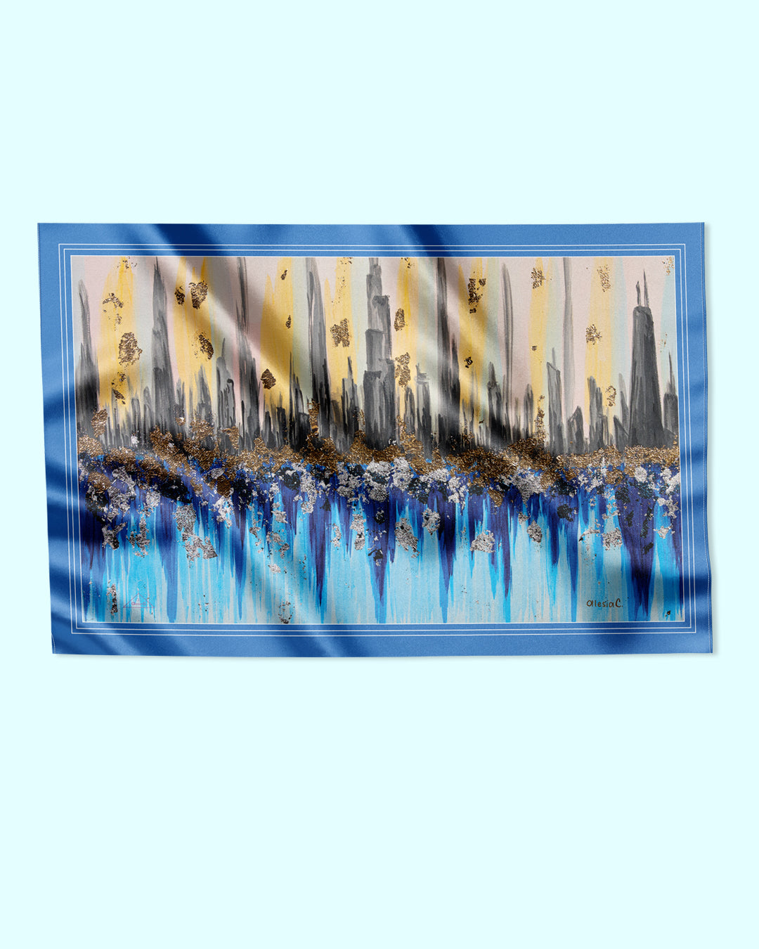 Abstract Chicago Skyline Pure Silk Scarf Pareo Large Size in Blue and Gold, by Chicago Artist and Fashion Designer Alesia Chaika, Alesia C. Art-A-Porte Collection Alesia.com