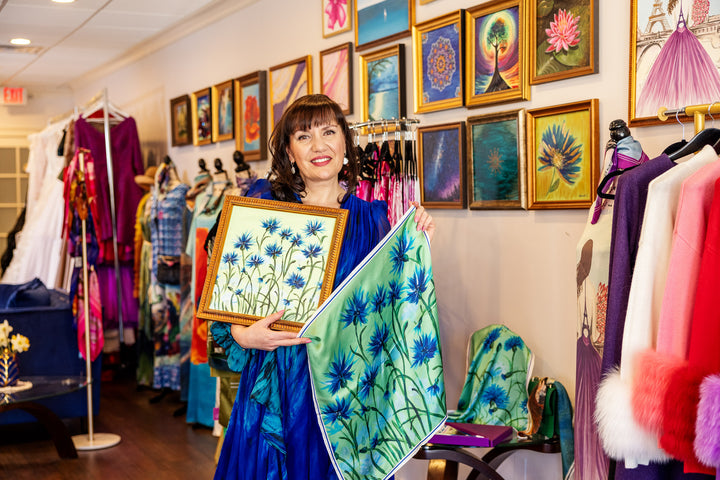 CORNFLOWERS DREAMS Art-A-Porte Silk Scarf – Green and Blue