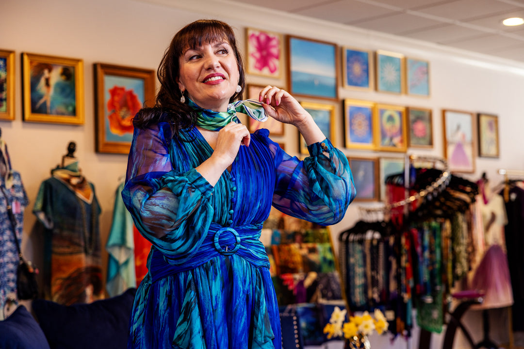 CORNFLOWERS DREAMS Art-A-Porte Silk Scarf – Green and Blue