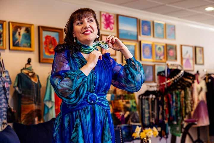 CORNFLOWERS DREAMS Art-A-Porte Silk Scarf – Green and Blue