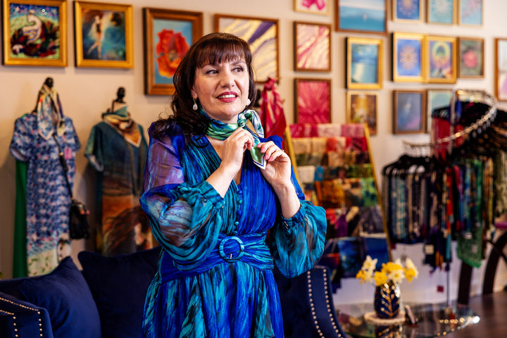 CORNFLOWERS DREAMS Art-A-Porte Silk Scarf – Green and Blue