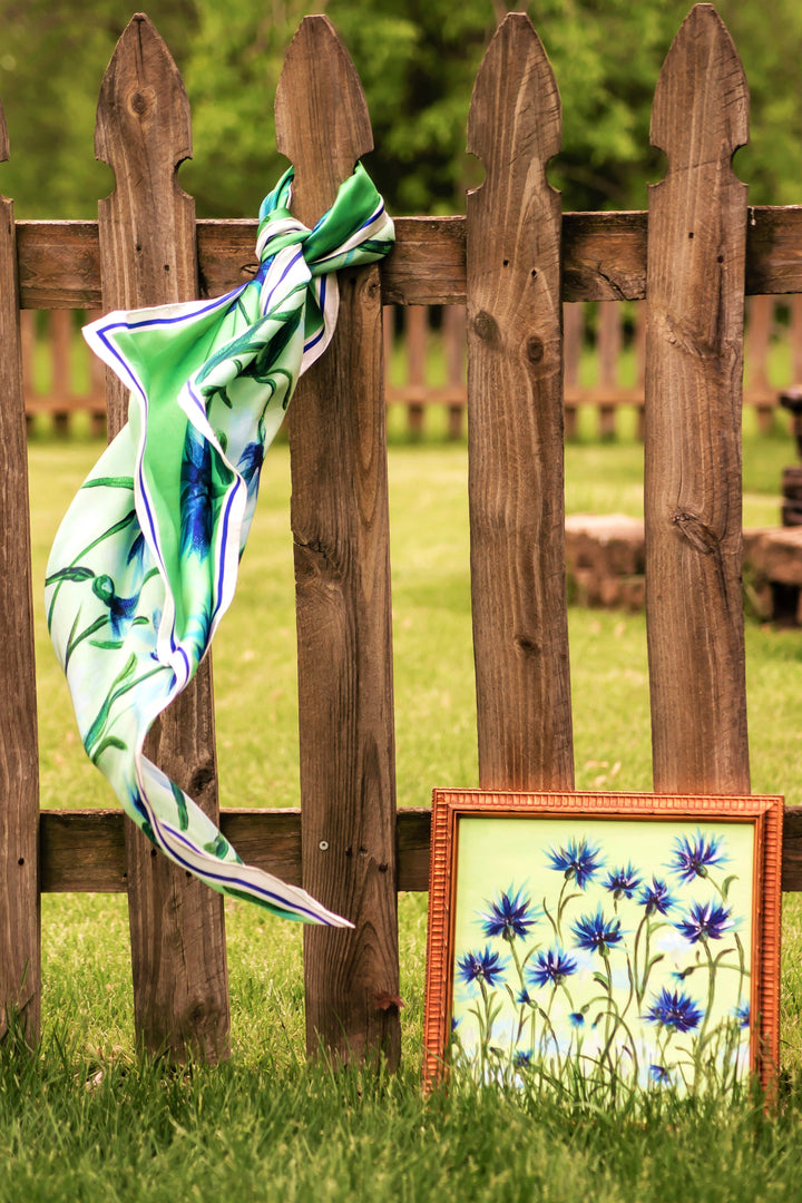CORNFLOWERS DREAM Designer 100% Silk Art-A-Porte Scarf in Green Blue