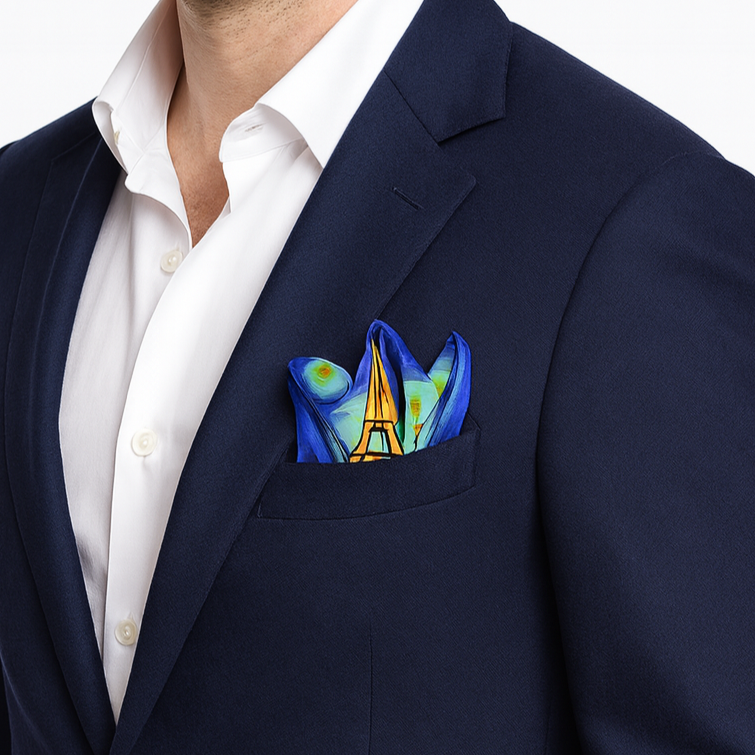 Paris Vibes Royal Blue Silk Pocket Square 12"×12" - Alesia C. Art-A-Porte Collection