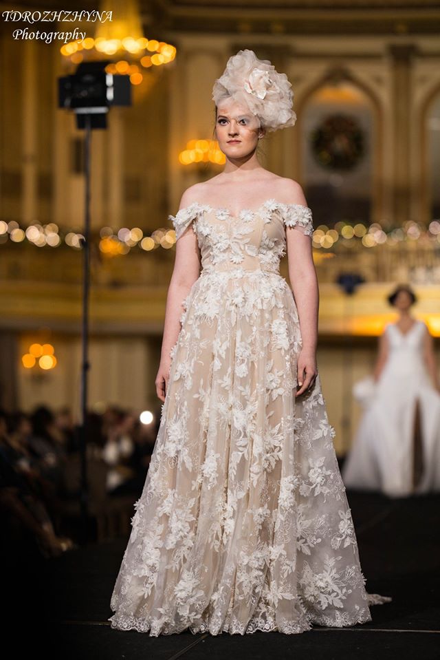 DAISY 3D Chiffon Floral Ivory on Nude Off the shoulder Wedding Dress Bridal Gown AlesiaC.com 1