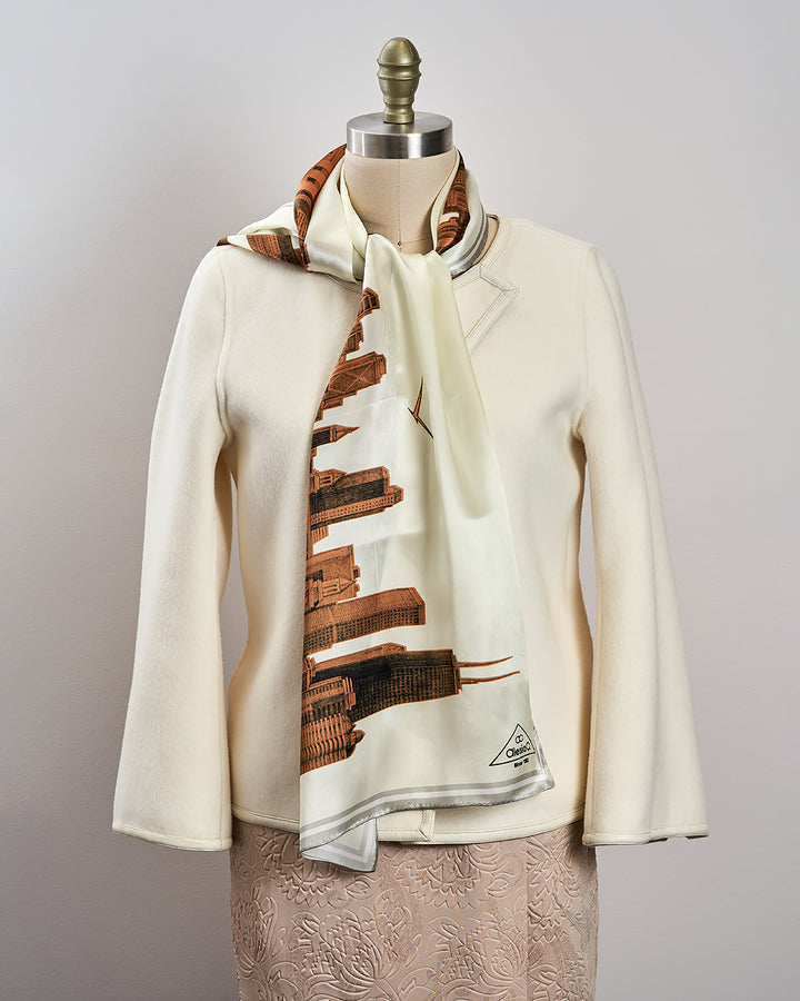 CHICAGO Skyline 100% Silk Oblong Scarf in Gold White