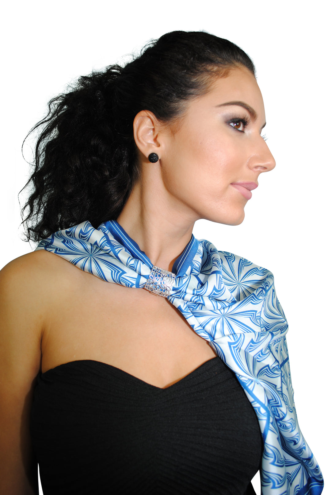 Blue White DANDELION SNOW Snowflakes Designer Pure Silk Scarf Styled Over Neck and Shoulders With HighLand Scarf Ring in White Gold and Black Strapless Dress AlesiaC.com