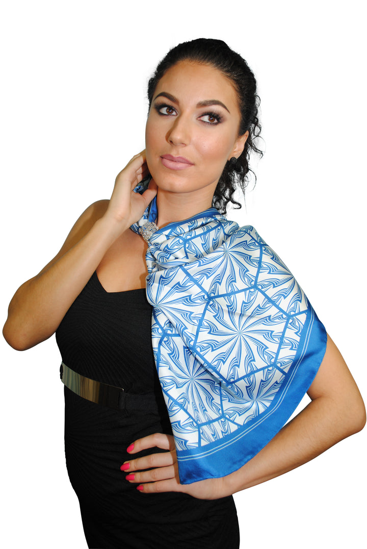 Blue White DANDELION SNOW Snowflakes Designer Pure Silk Scarf Styled Over Neck and Shoulders With HighLand Scarf Ring in White Gold and Black Strapless Dress AlesiaC.com