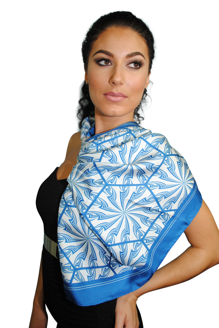 Blue White DANDELION SNOW Snowflakes Designer Pure Silk Scarf Styled Over Neck and Shoulders With HighLand Scarf Ring in White Gold and Black Strapless Dress AlesiaC.com