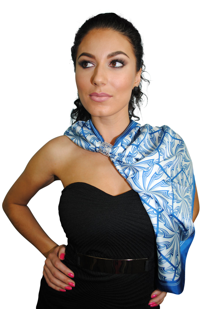 Blue White DANDELION SNOW Snowflakes Designer Pure Silk Scarf Styled Over Neck and Shoulders With HighLand Scarf Ring in White Gold and Black Strapless Dress AlesiaC.com