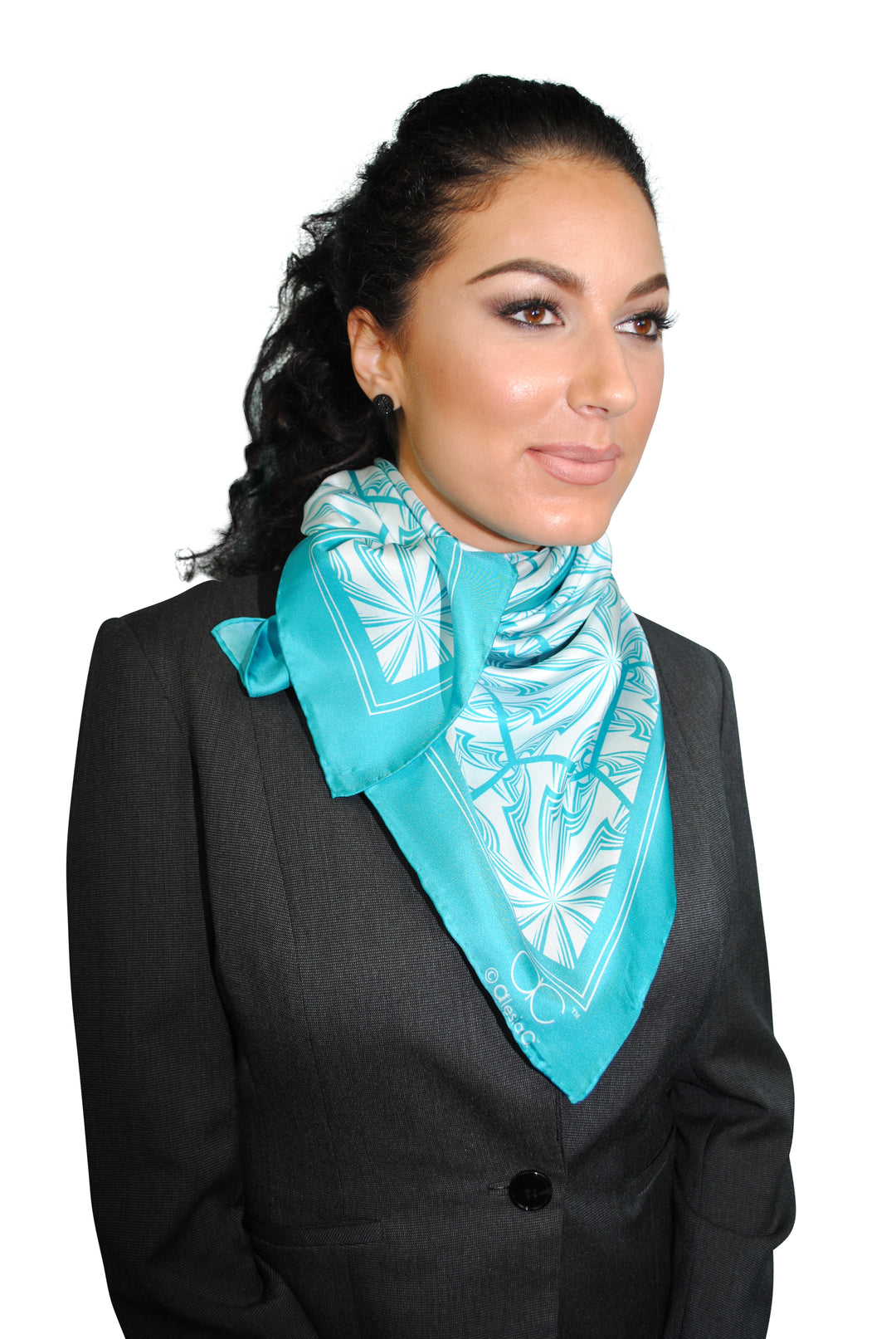 Turquoise Green White DANDELION SNOW Snowflakes Designer Pure Silk Scarf Styled Over Neck and Shoulders With HighLand Scarf Ring in White Gold and Black Strapless Dress AlesiaC.com