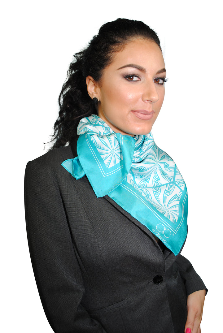 Turquoise Green White DANDELION SNOW Snowflakes Designer Pure Silk Scarf Styled Over Neck and Shoulders With HighLand Scarf Ring in White Gold and Black Strapless Dress AlesiaC.com