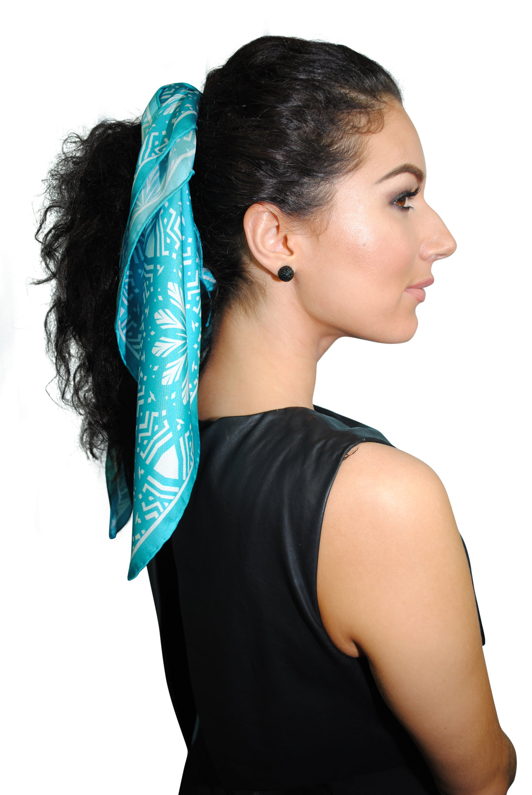 Ponytail Silk Scarf White Snowflakes on Turquoise Aster Mandala 100& Silk Charmeuse Scarf in Green and White by Alesia Chaika Mandala Collection AlesiaC.com