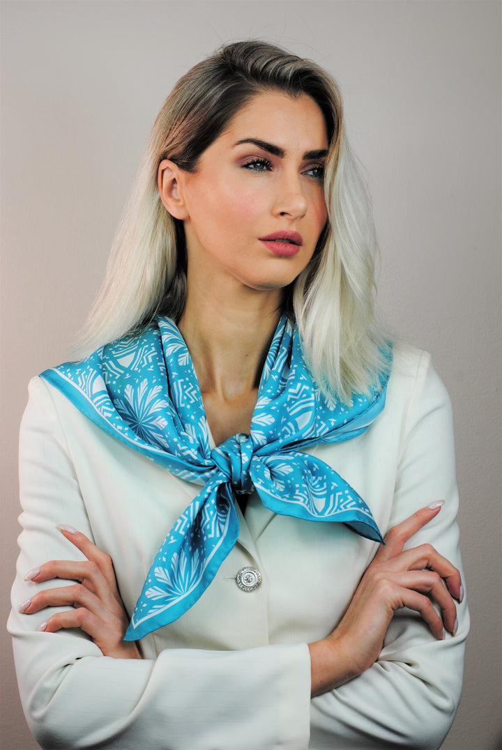 White Snowflakes on Turquoise Aster Mandala 100& Silk Charmeuse Scarf in Green and White Styled Over Shoulders Double Front Knot by Alesia Chaika Mandala Collection AlesiaC.com
