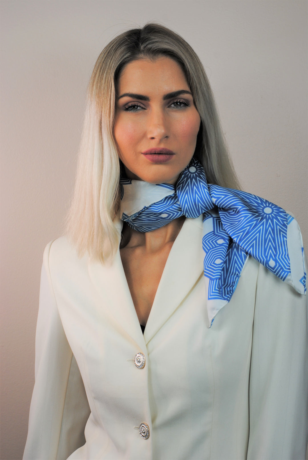 SNOWFLAKES Mandala 100% Silk Square Scarf in Blue White
