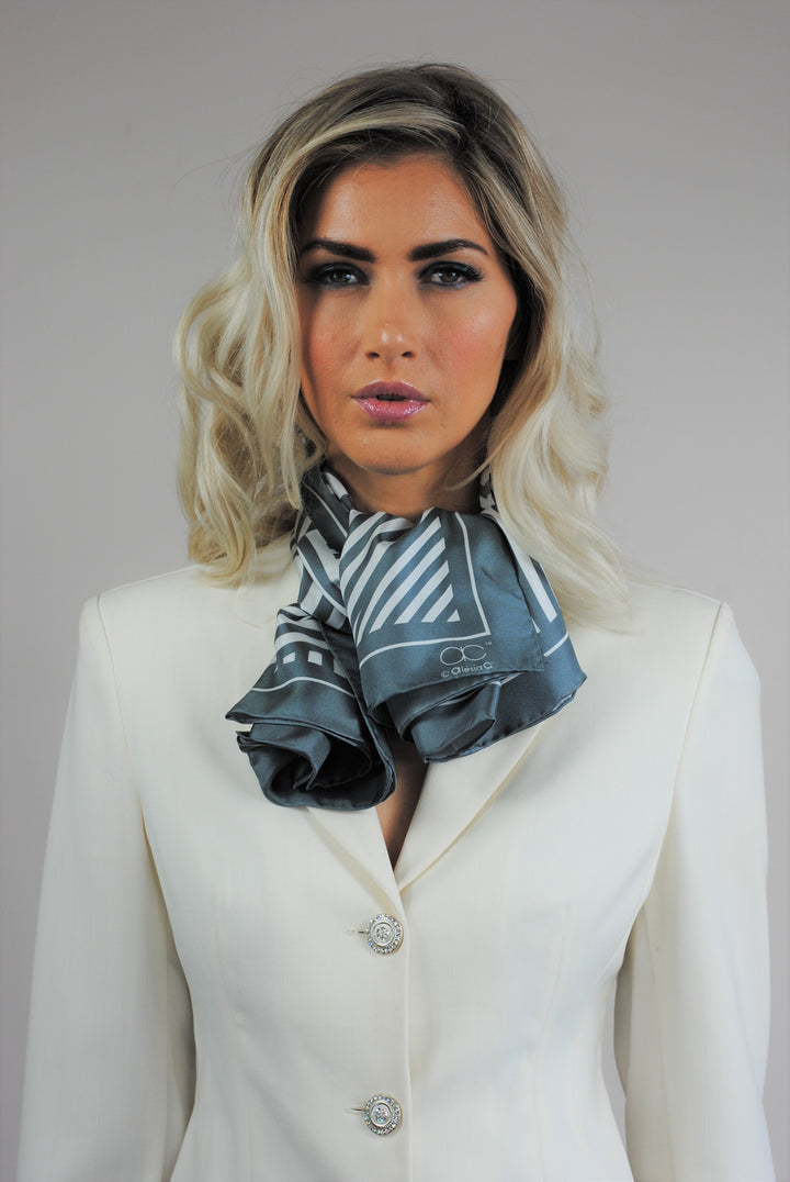 Alesia C. Slim Dance Pure Silk Square Scarf in Gray White Color Geometric Abstract AlesiaC.com