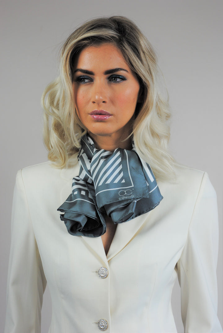 Alesia C. Slim Dance Pure Silk Square Scarf in Gray White Color Geometric Abstract AlesiaC.com