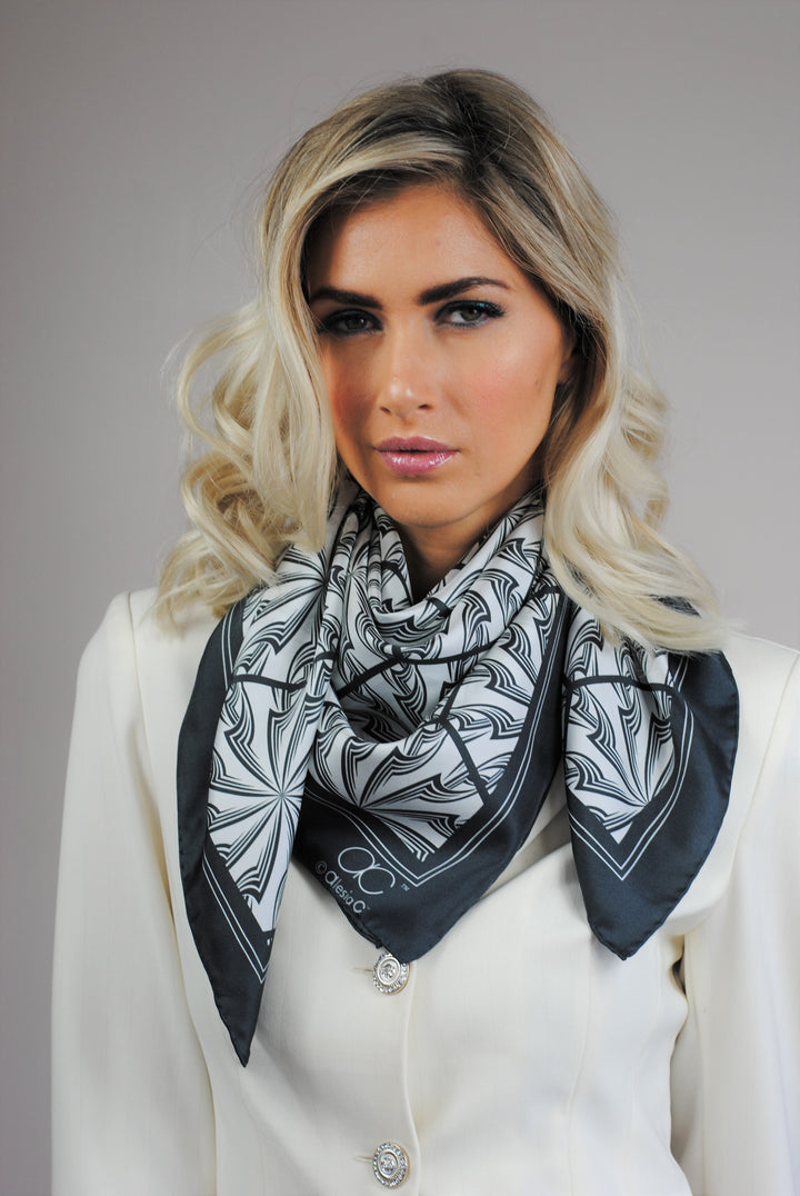 DANDELION SNOW Mandala 100% Silk Square Scarf in Black White