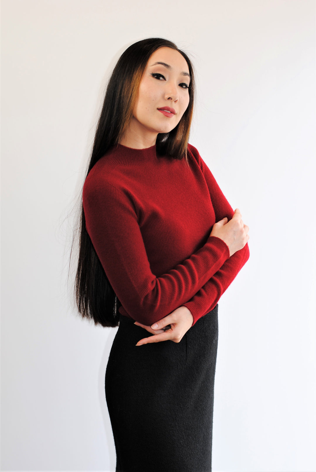 VIKA Lux Merino Wool Turtleneck Pullover Sweater in Dark Red by Alesia C. Alesia C.com