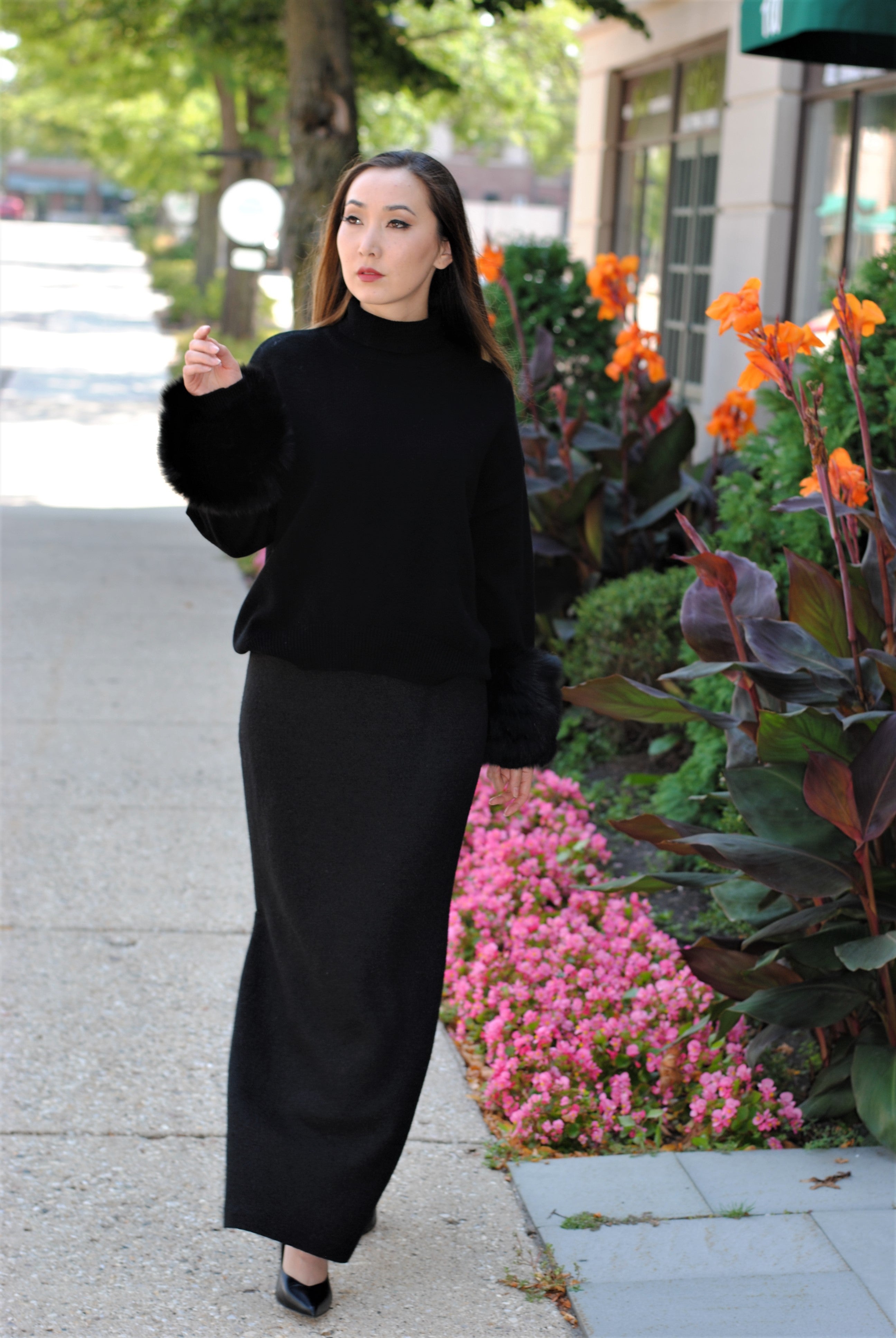 NATA Stretch Virgin Wool Maxi Skirt – Boiled Tweed with Side