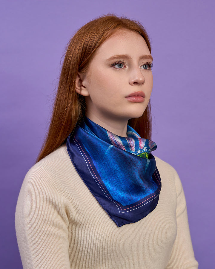 Daisy Blue and Pink Art 100% Silk Designer Scarf by Alesia Chaika AlesiaC.com