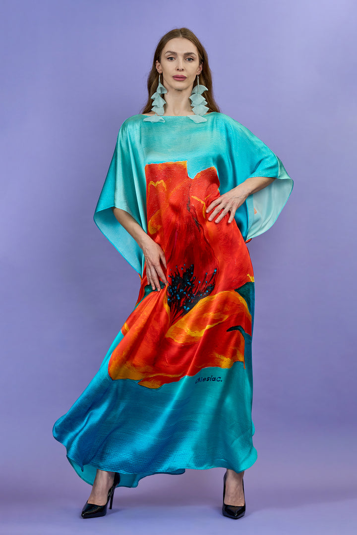 RED POPPY 100% Silk Maxi Caftan Art-A-Porte Style by Alesia Chaika AlesiaC.com