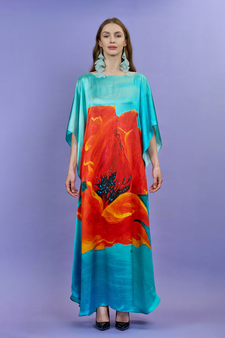 RED POPPY 100% Silk Maxi Caftan Art-A-Porte Style by Alesia Chaika AlesiaC.com